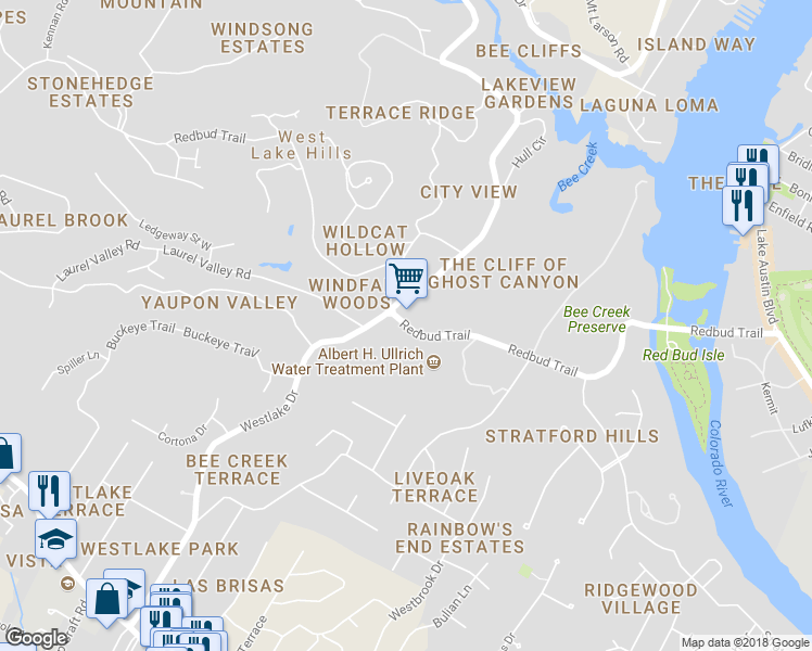 map of restaurants, bars, coffee shops, grocery stores, and more near Redbud Trail in Austin