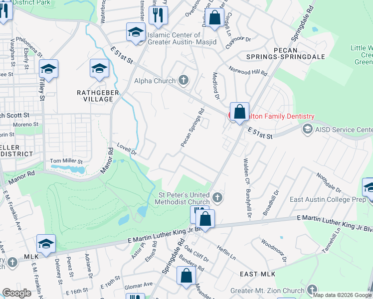 map of restaurants, bars, coffee shops, grocery stores, and more near 3202 Pecan Springs Road in Austin