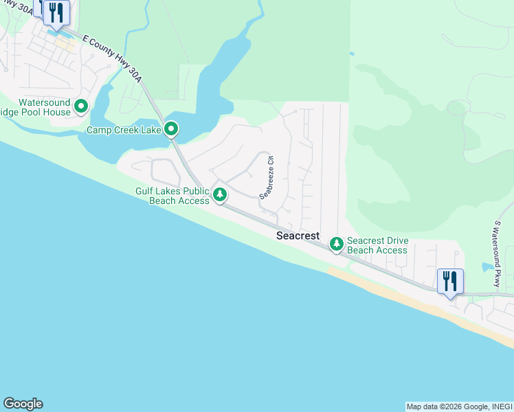 map of restaurants, bars, coffee shops, grocery stores, and more near 135 Seabreeze Circle in Seacrest