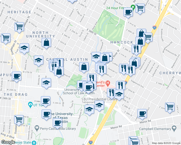 map of restaurants, bars, coffee shops, grocery stores, and more near E 32nd St & Beanna St in Austin