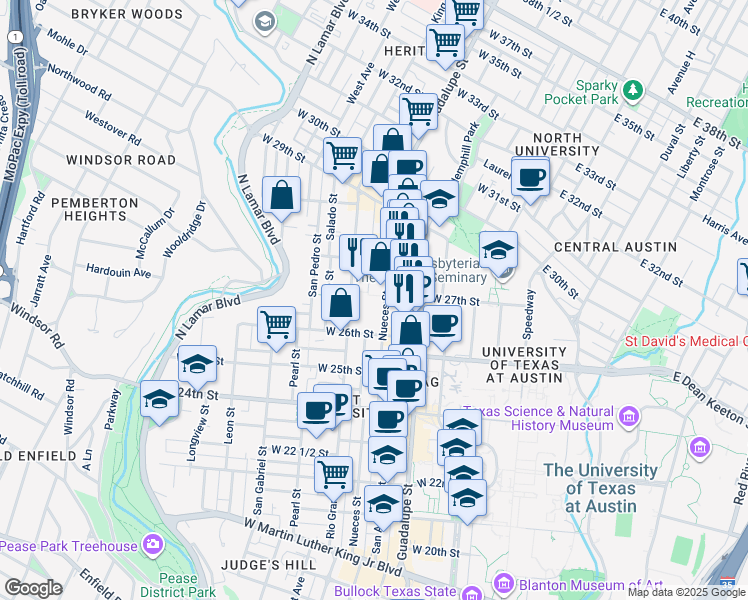 map of restaurants, bars, coffee shops, grocery stores, and more near 600 West 26th Street in Austin