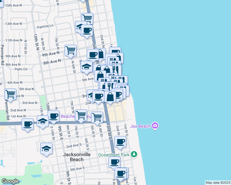 map of restaurants, bars, coffee shops, grocery stores, and more near 401 1st Street North in Jacksonville Beach