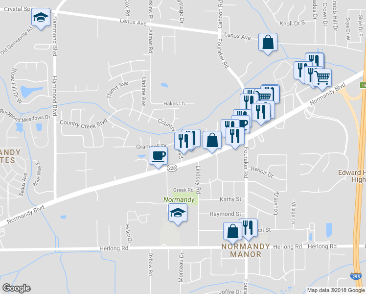 map of restaurants, bars, coffee shops, grocery stores, and more near 8277 Country Creek Boulevard in Jacksonville