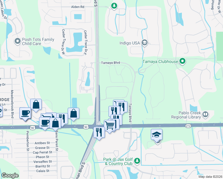 map of restaurants, bars, coffee shops, grocery stores, and more near 12868 Josslyn Lane in Jacksonville