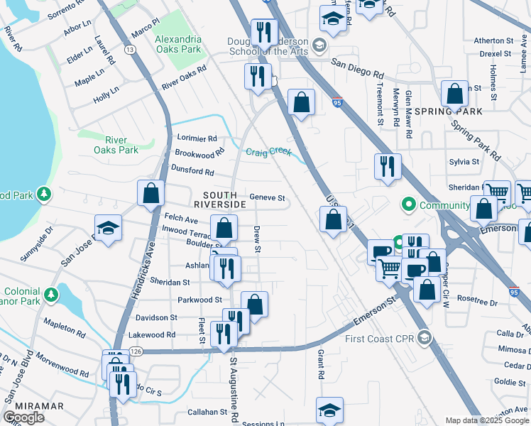map of restaurants, bars, coffee shops, grocery stores, and more near 2120 Kingswood Road in Jacksonville