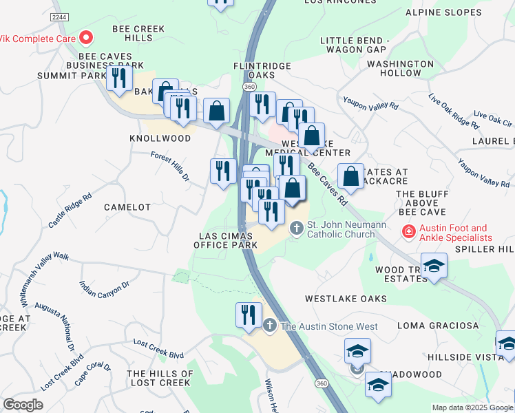 map of restaurants, bars, coffee shops, grocery stores, and more near 701 South Capital of Texas Highway in Austin
