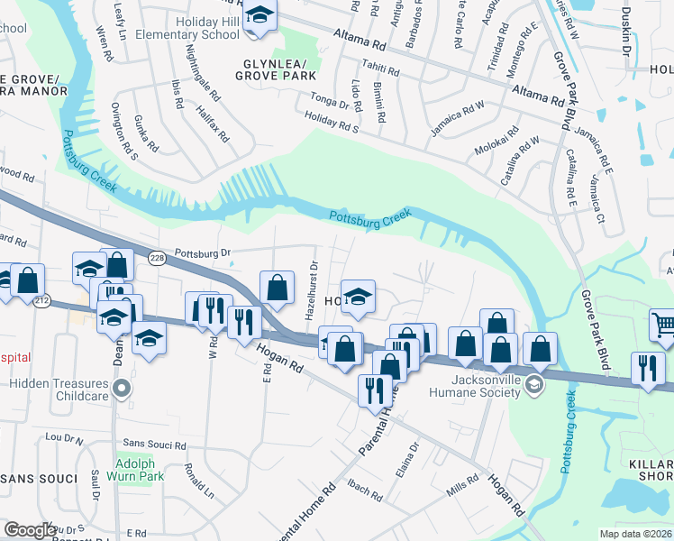 map of restaurants, bars, coffee shops, grocery stores, and more near 1615 Hazelhurst Drive in Jacksonville