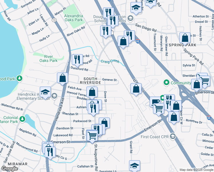 map of restaurants, bars, coffee shops, grocery stores, and more near 3311 Drew Street in Jacksonville