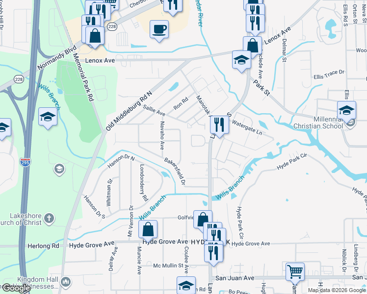 map of restaurants, bars, coffee shops, grocery stores, and more near 1523 Montrose Avenue East in Jacksonville