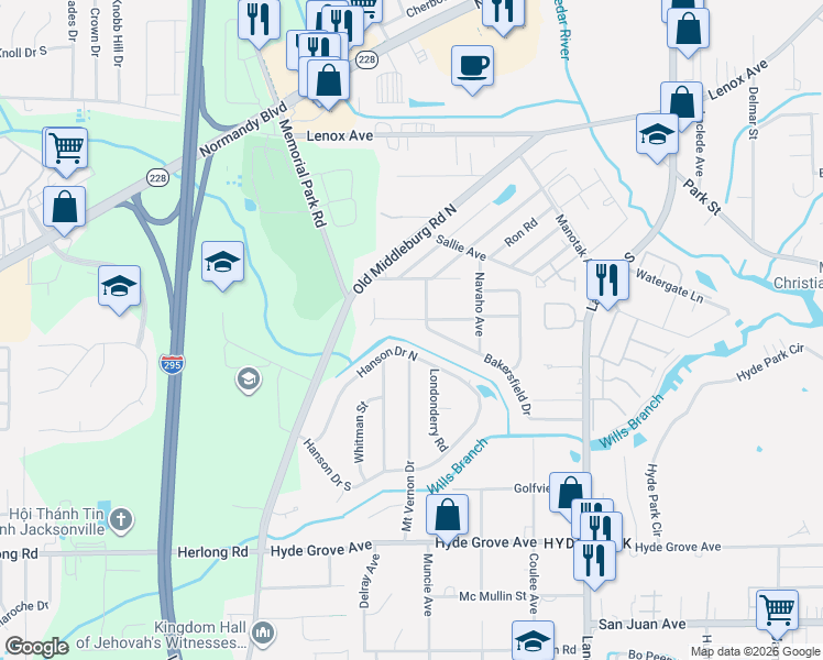 map of restaurants, bars, coffee shops, grocery stores, and more near 7015 Seneca Avenue in Jacksonville