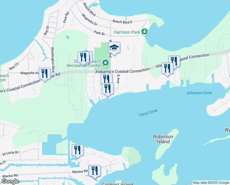 map of restaurants, bars, coffee shops, grocery stores, and more near 4601 D Avenue in Orange Beach