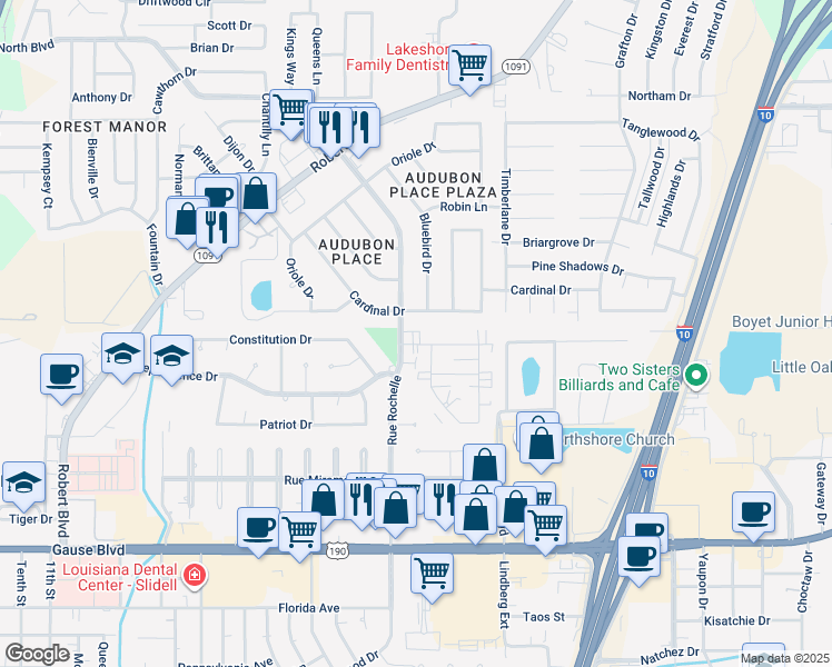 map of restaurants, bars, coffee shops, grocery stores, and more near 311 Cardinal Drive in Slidell