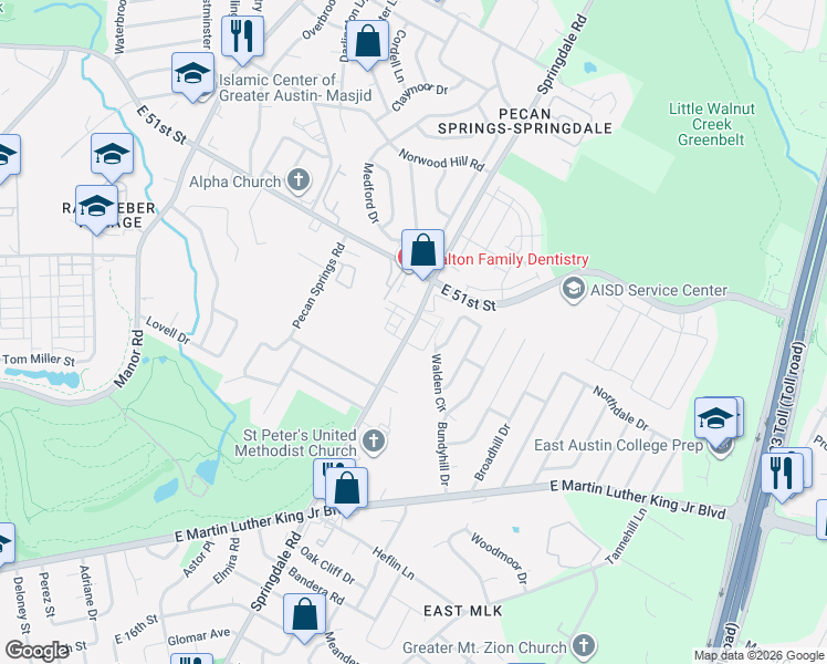 map of restaurants, bars, coffee shops, grocery stores, and more near 4508 Night Owl Lane in Austin