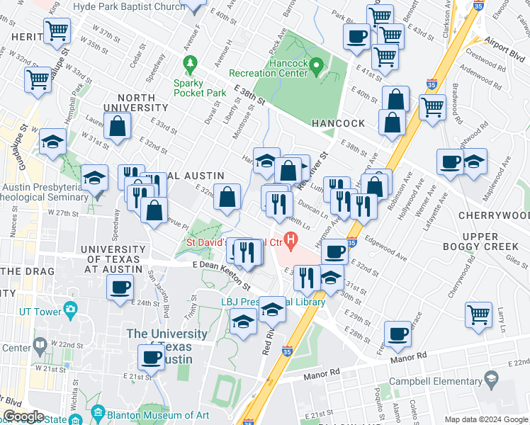 map of restaurants, bars, coffee shops, grocery stores, and more near 3208 Hampton Road in Austin