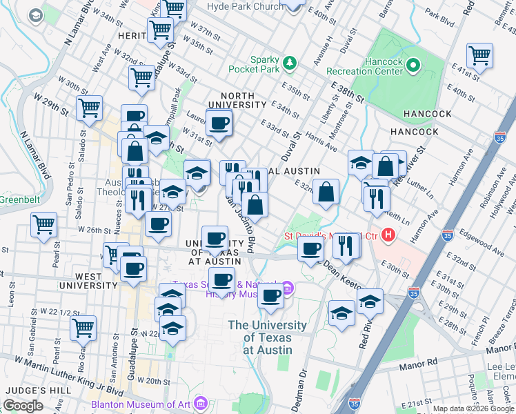 map of restaurants, bars, coffee shops, grocery stores, and more near Duval Street & Bellevue Place in Austin
