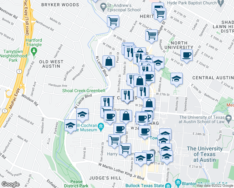 map of restaurants, bars, coffee shops, grocery stores, and more near 2614 San Pedro Street in Austin