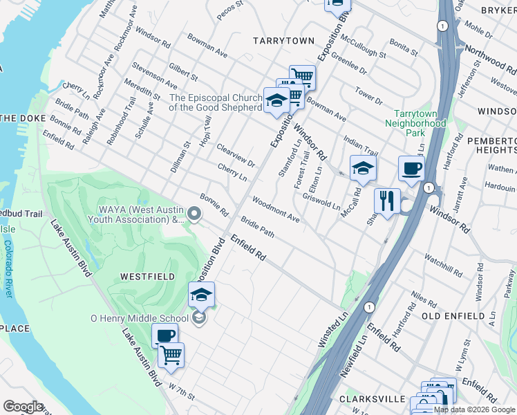 map of restaurants, bars, coffee shops, grocery stores, and more near 2606 Woodmont Avenue in Austin