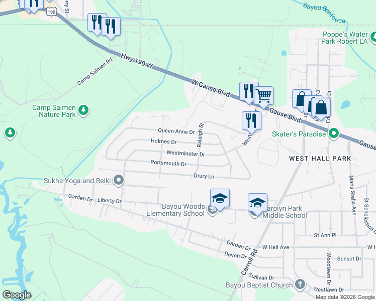 map of restaurants, bars, coffee shops, grocery stores, and more near 313 Holmes Drive in Slidell