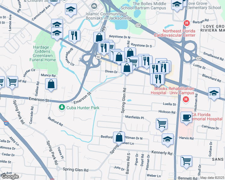 map of restaurants, bars, coffee shops, grocery stores, and more near 5237 Cruz Road in Jacksonville