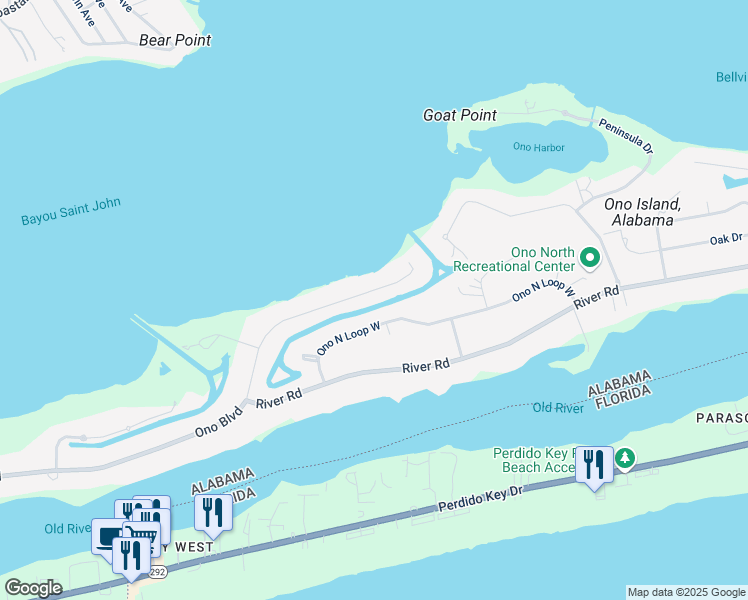 map of restaurants, bars, coffee shops, grocery stores, and more near 30358 Ono Boulevard in Orange Beach