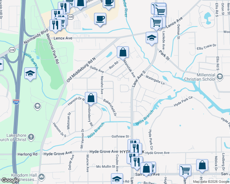 map of restaurants, bars, coffee shops, grocery stores, and more near 1523 Montrose Avenue East in Jacksonville
