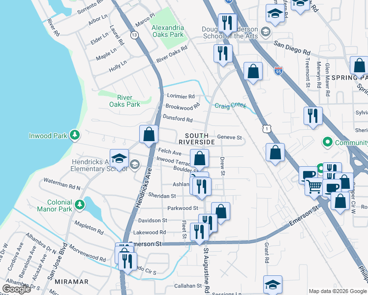 map of restaurants, bars, coffee shops, grocery stores, and more near 19 Danese Court in Jacksonville