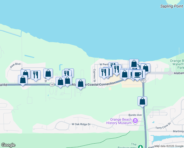 map of restaurants, bars, coffee shops, grocery stores, and more near 42 Cypress Street in Orange Beach