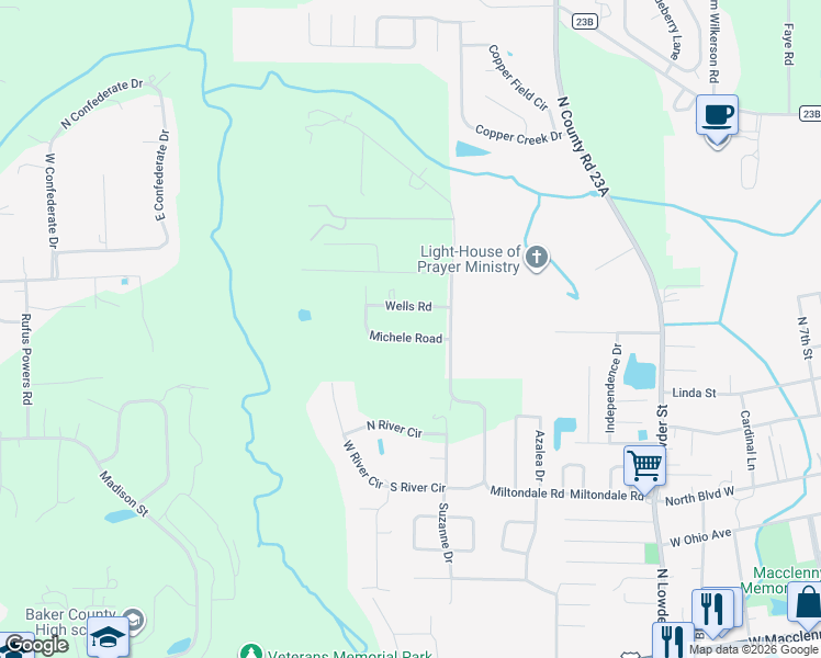 map of restaurants, bars, coffee shops, grocery stores, and more near 6110 Wells Road in Macclenny