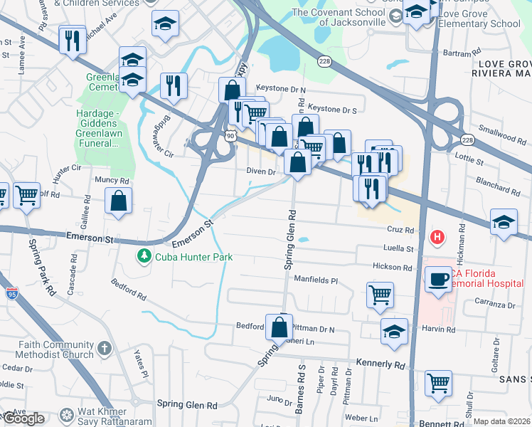 map of restaurants, bars, coffee shops, grocery stores, and more near 5239 Cruz Road in Jacksonville
