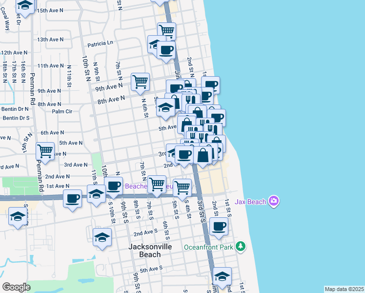 map of restaurants, bars, coffee shops, grocery stores, and more near 434 3rd Street North in Jacksonville Beach