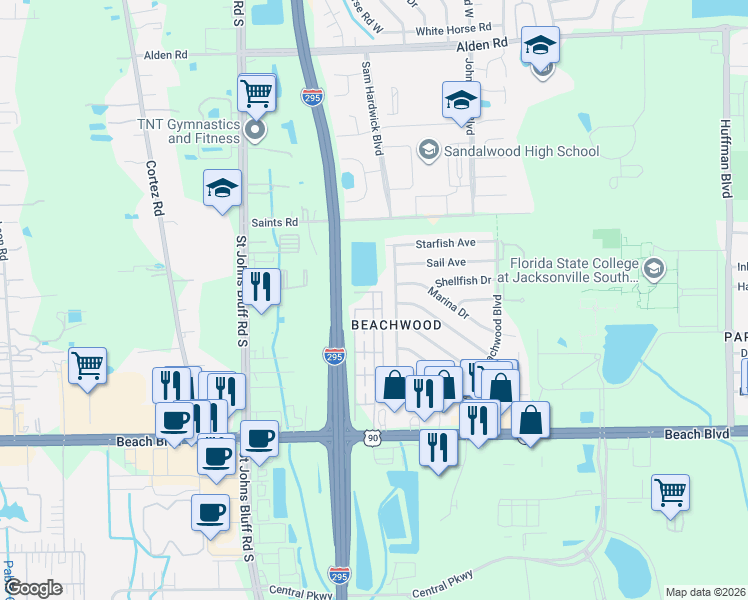 map of restaurants, bars, coffee shops, grocery stores, and more near 2911 Hunters Hill East in Jacksonville