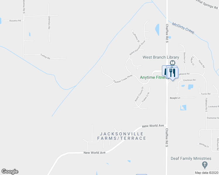 map of restaurants, bars, coffee shops, grocery stores, and more near 11234 Panther Creek Parkway in Jacksonville