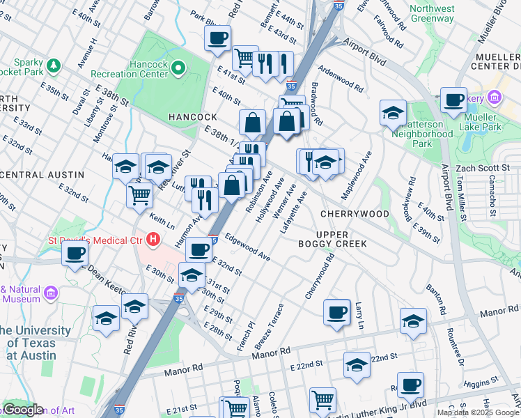 map of restaurants, bars, coffee shops, grocery stores, and more near 3504 Hollywood Avenue in Austin