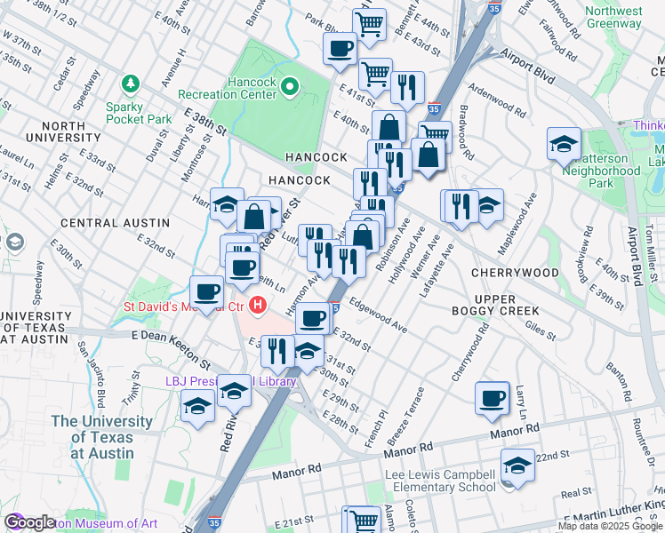 map of restaurants, bars, coffee shops, grocery stores, and more near 1017 Concordia Avenue in Austin