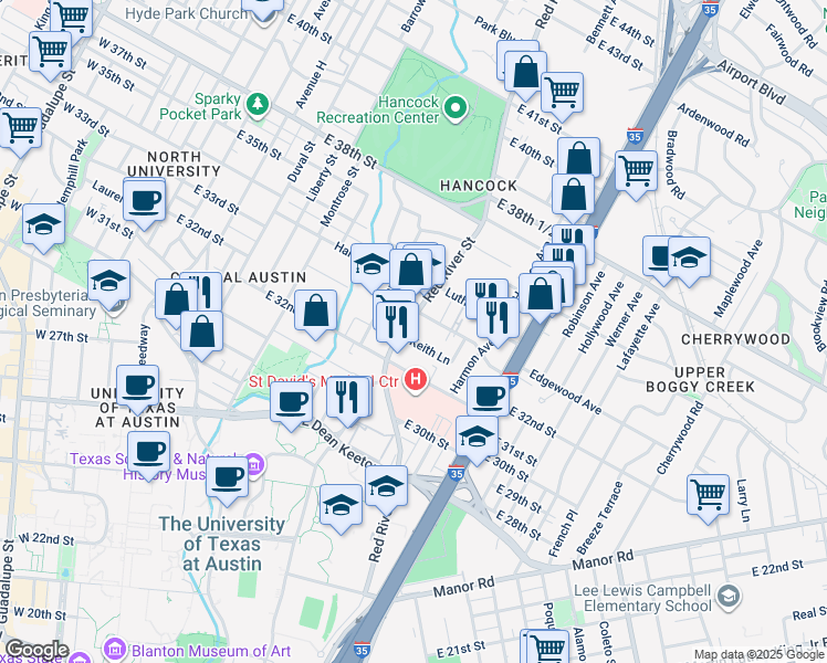 map of restaurants, bars, coffee shops, grocery stores, and more near 3304 Red River Street in Austin