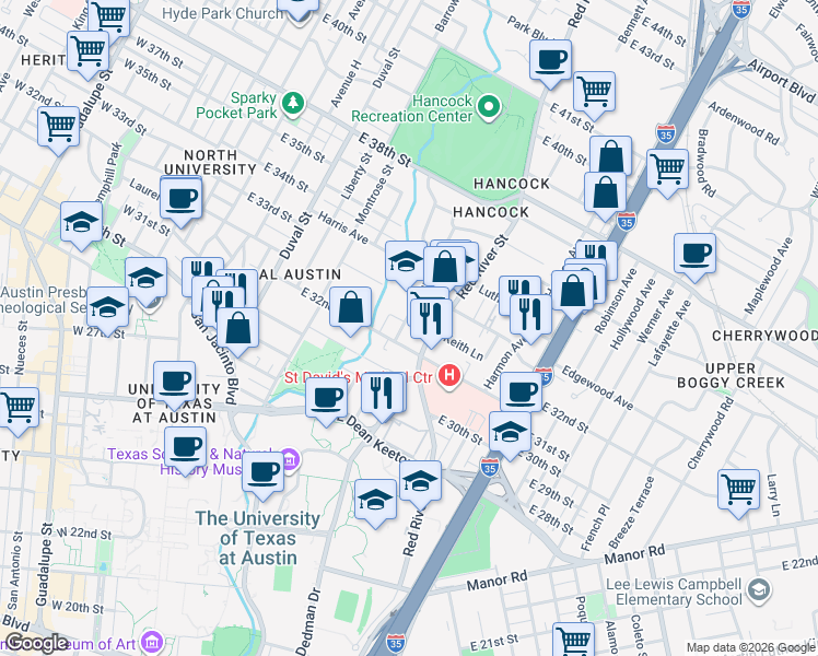map of restaurants, bars, coffee shops, grocery stores, and more near 3208 Hampton Road in Austin