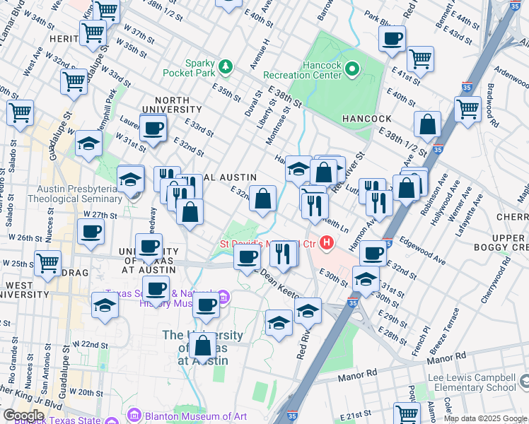 map of restaurants, bars, coffee shops, grocery stores, and more near 720 East 32nd Street in Austin