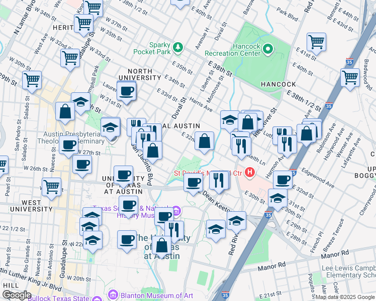 map of restaurants, bars, coffee shops, grocery stores, and more near 3111 Harris Park Avenue in Austin