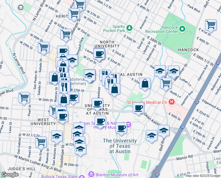 map of restaurants, bars, coffee shops, grocery stores, and more near 2911 San Jacinto Boulevard in Austin