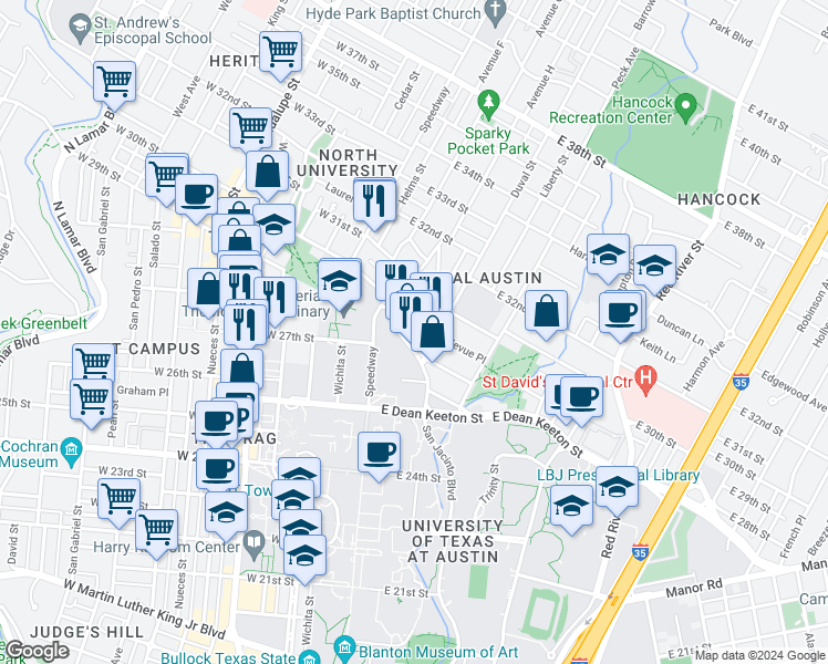 map of restaurants, bars, coffee shops, grocery stores, and more near 2911 San Jacinto Boulevard in Austin