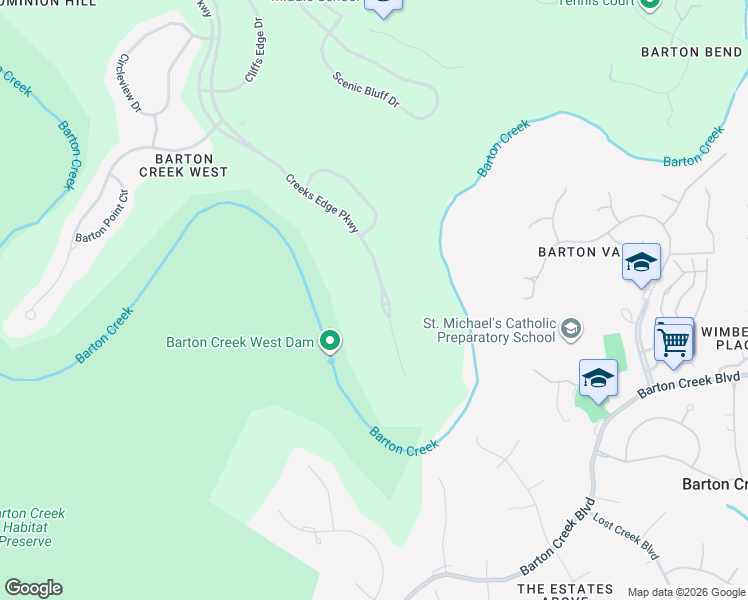 map of restaurants, bars, coffee shops, grocery stores, and more near 2811 Creeks Edge Parkway in Austin