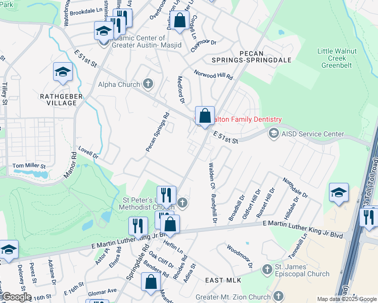 map of restaurants, bars, coffee shops, grocery stores, and more near 4809 Pecan Springs Road in Austin