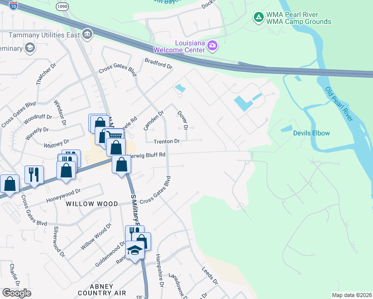 map of restaurants, bars, coffee shops, grocery stores, and more near 189 Trenton Drive in Slidell