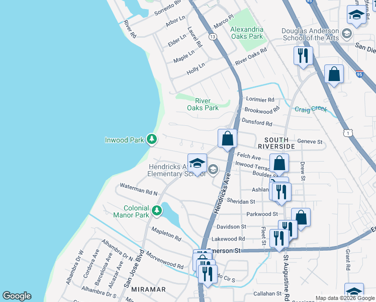 map of restaurants, bars, coffee shops, grocery stores, and more near 3137 Wellesley Square in Jacksonville