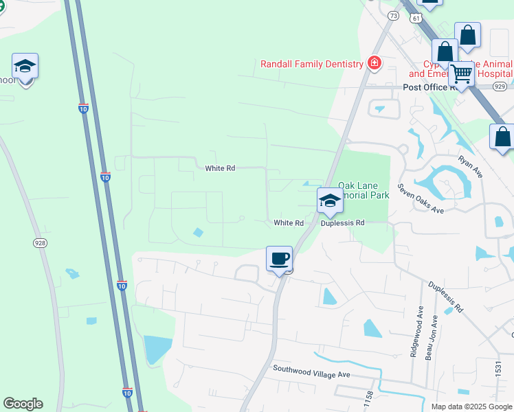 map of restaurants, bars, coffee shops, grocery stores, and more near 37469 White Road in Prairieville