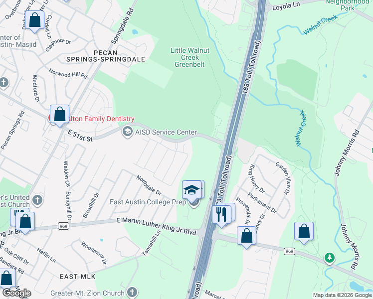 map of restaurants, bars, coffee shops, grocery stores, and more near 5405 Rusk Court in Austin