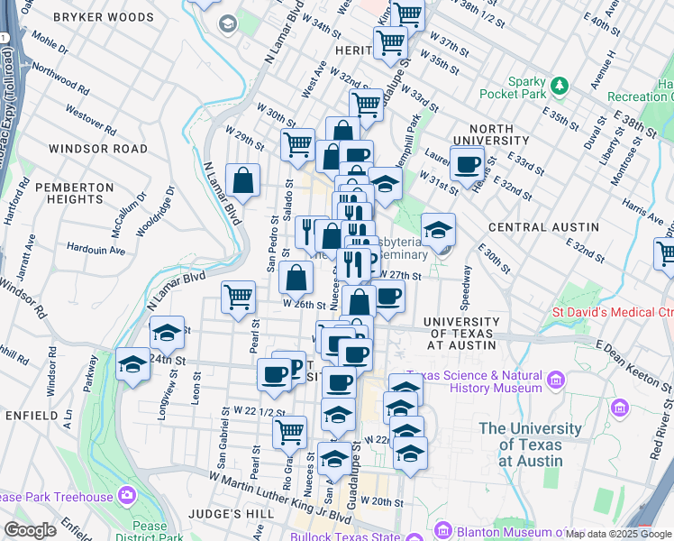 map of restaurants, bars, coffee shops, grocery stores, and more near Nueces St & W 27th St in Austin