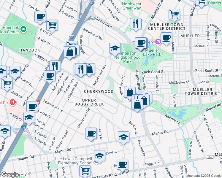 map of restaurants, bars, coffee shops, grocery stores, and more near in Austin