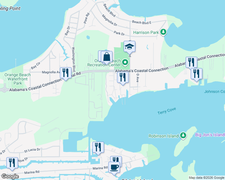 map of restaurants, bars, coffee shops, grocery stores, and more near 4551 Walker Key Boulevard in Orange Beach