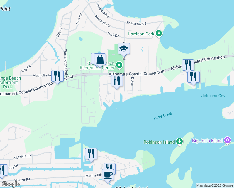 map of restaurants, bars, coffee shops, grocery stores, and more near 4575 South Wilson Boulevard in Orange Beach